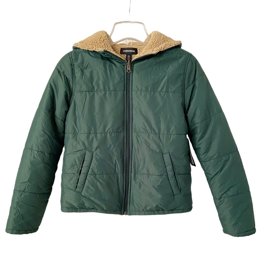 Nordstrom Kids' Reversible Hooded Jacket in Green Pinecone- Tan NWT 10/12 Large